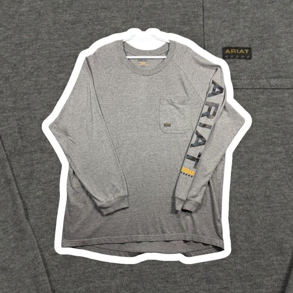 Ariat Rebar Workman Long Sleeve Shirt Mens 2XL Gray Heavy Duty Pocket Tee